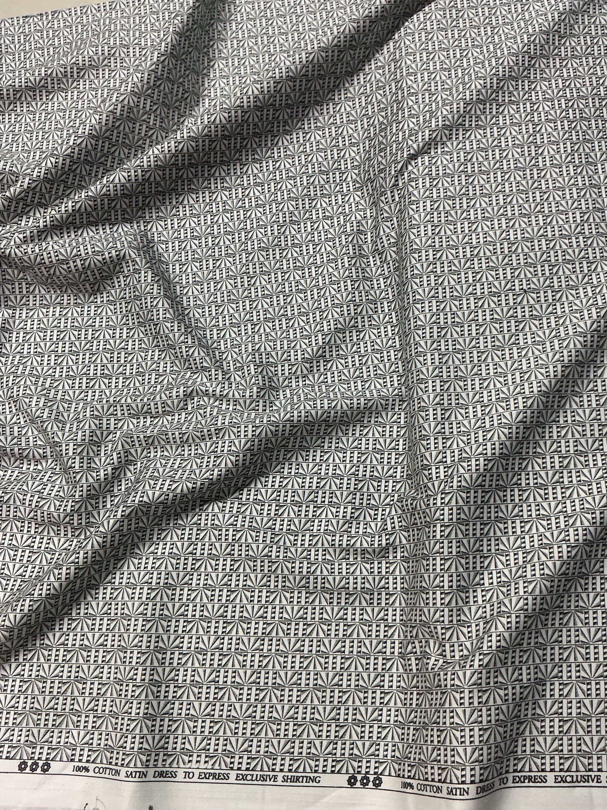White and Black Geometric Digital Print 100% Cotton Satin Fabric - close-up of weave and texture