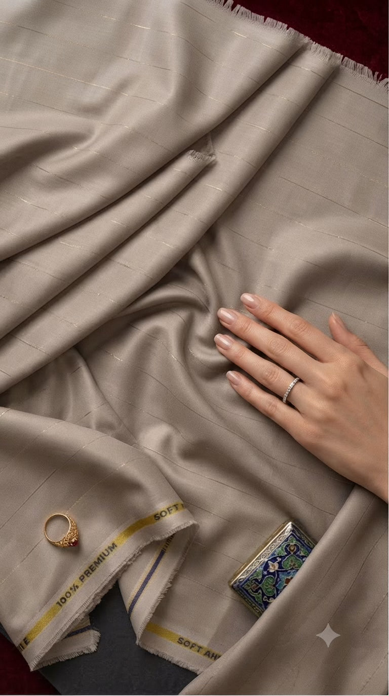Luxe Taupe Colour Bamboo Satin Cotton Shirt Fabric with Shimmery Lurex Pinstripes - draped to show fall and sheen