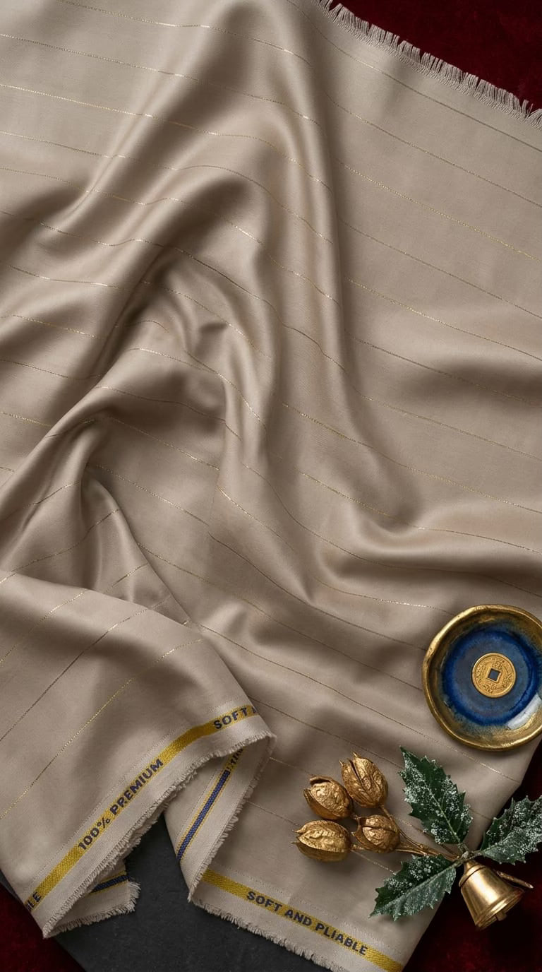 Luxe Taupe Colour Bamboo Satin Cotton Shirt Fabric with Shimmery Lurex Pinstripes