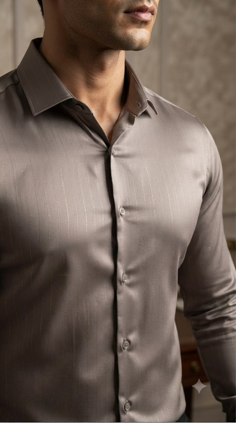 Dark Taupe Color Bamboo Satin Cotton Shirt Fabric with Shimmery Lurex Pinstripes - close-up of weave and texture