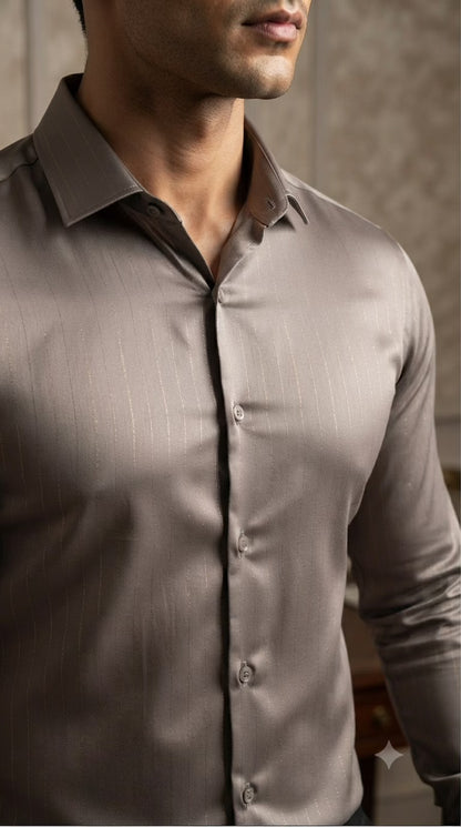 Dark Taupe Color Bamboo Satin Cotton Shirt Fabric with Shimmery Lurex Pinstripes - close-up of weave and texture