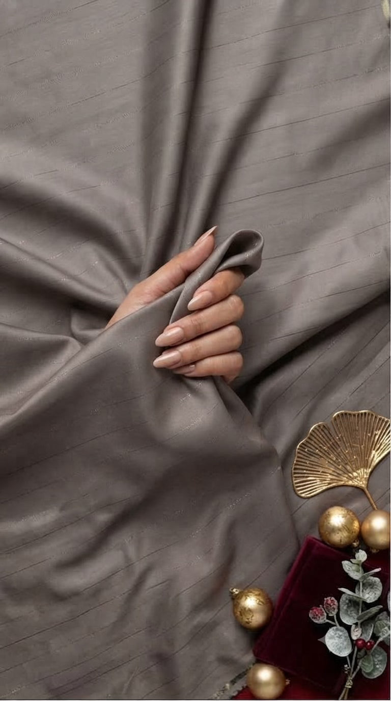 Dark Taupe Color Bamboo Satin Cotton Shirt Fabric with Shimmery Lurex Pinstripes