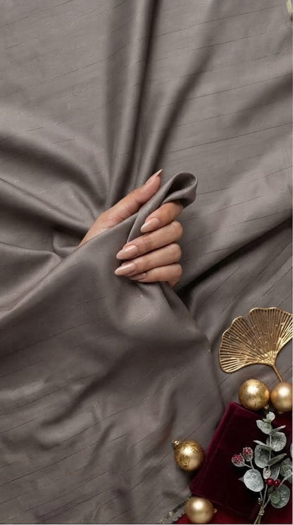 Dark Taupe Color Bamboo Satin Cotton Shirt Fabric with Shimmery Lurex Pinstripes