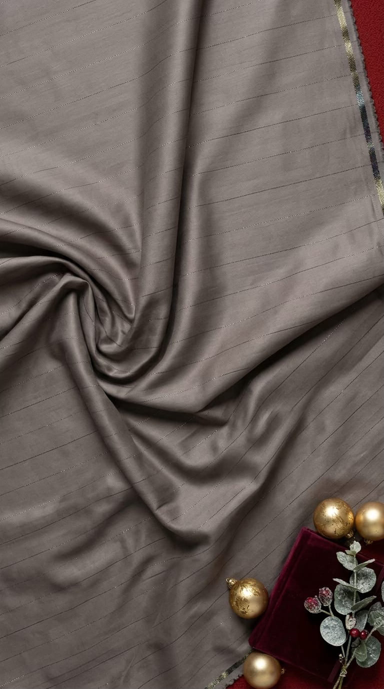 Dark Taupe Color Bamboo Satin Cotton Shirt Fabric with Shimmery Lurex Pinstripes - draped to show fall and sheen