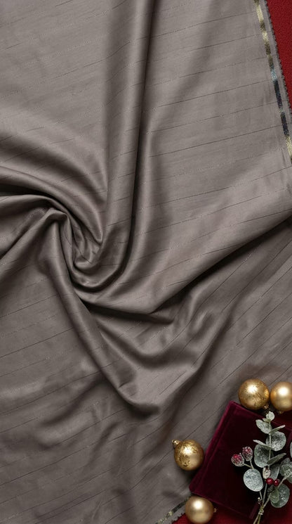 Dark Taupe Color Bamboo Satin Cotton Shirt Fabric with Shimmery Lurex Pinstripes - draped to show fall and sheen