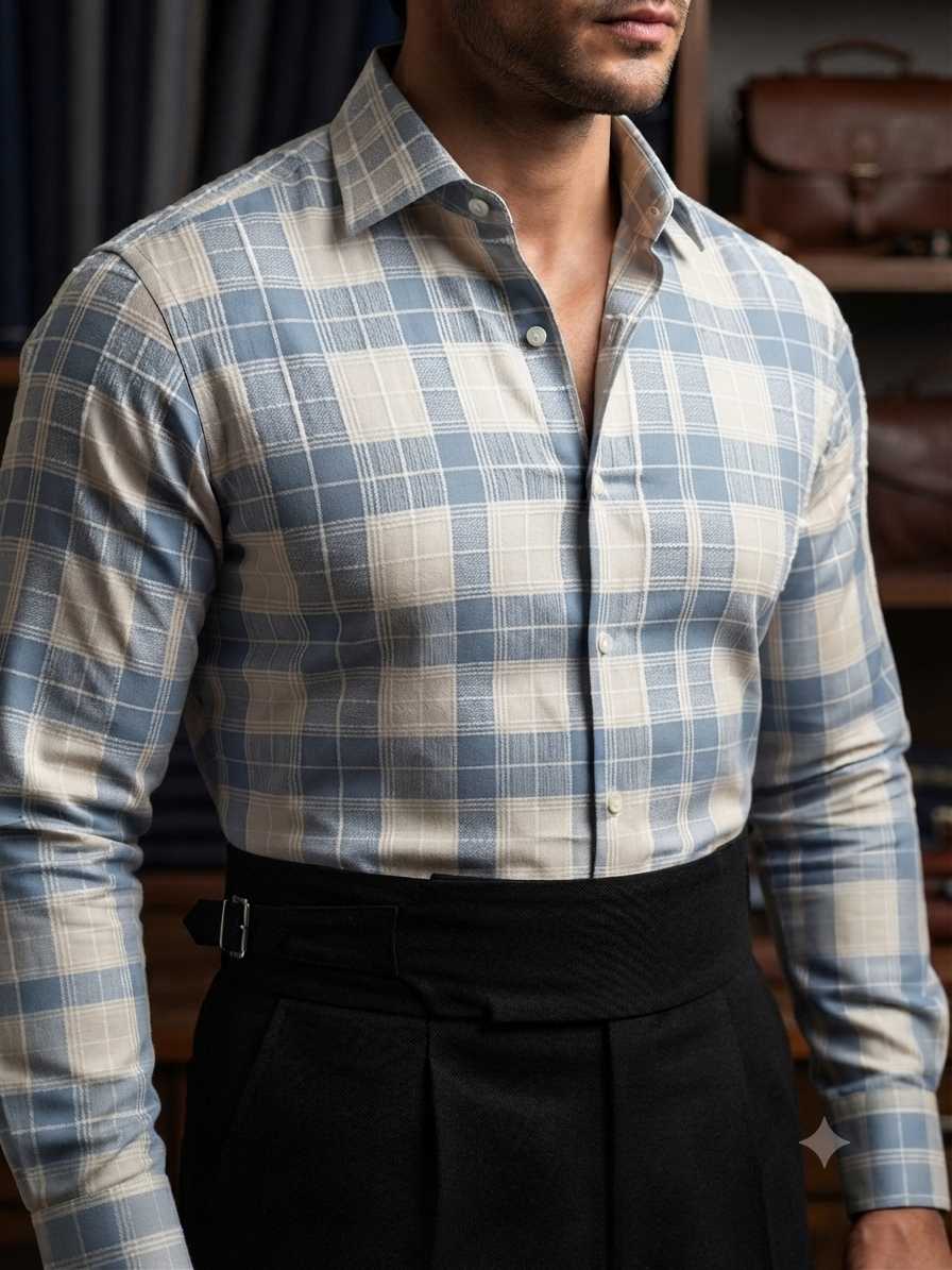 Dusty Blue & White Checkered 100% Cotton Shirt Fabric - draped to show fall and sheen