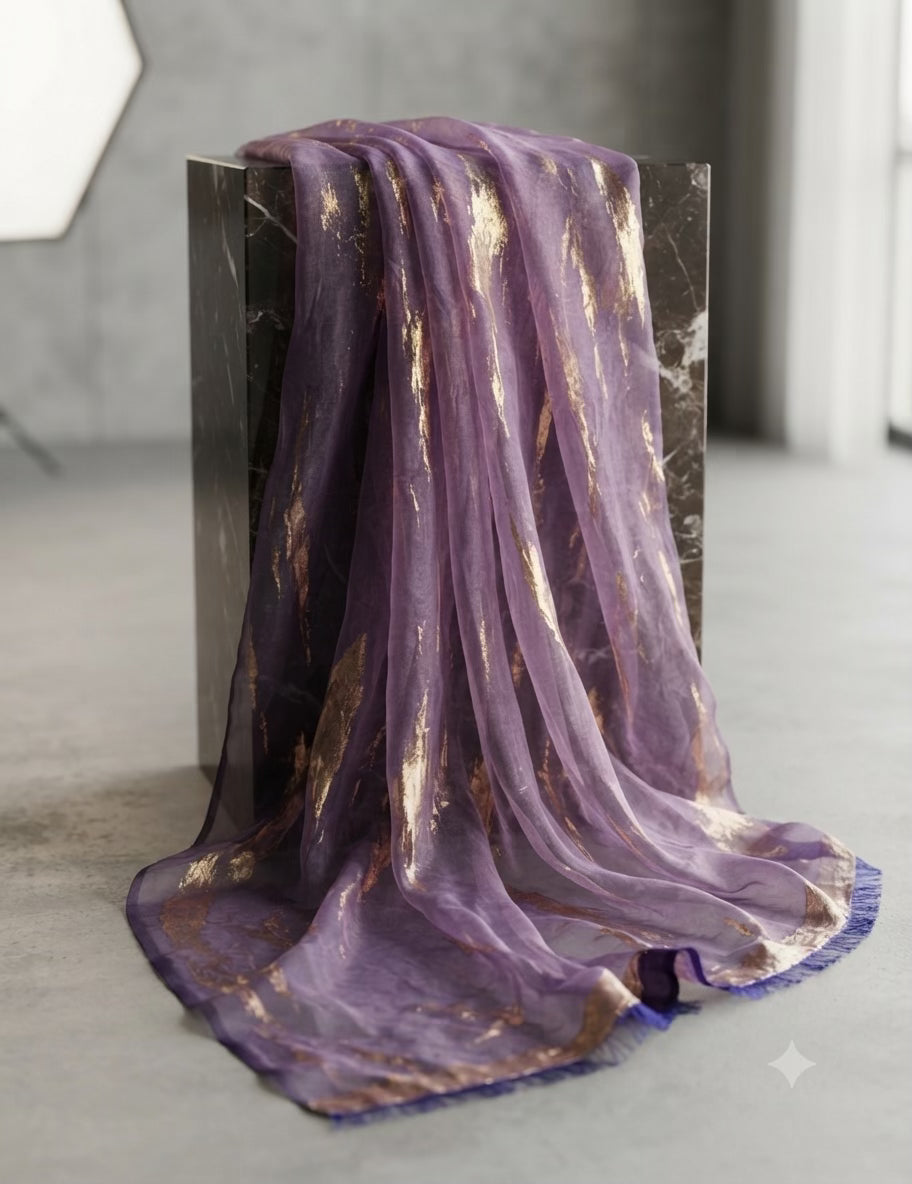 Luxurious Purple & Gold Crushed Fendi Fabric - close-up of weave and texture
