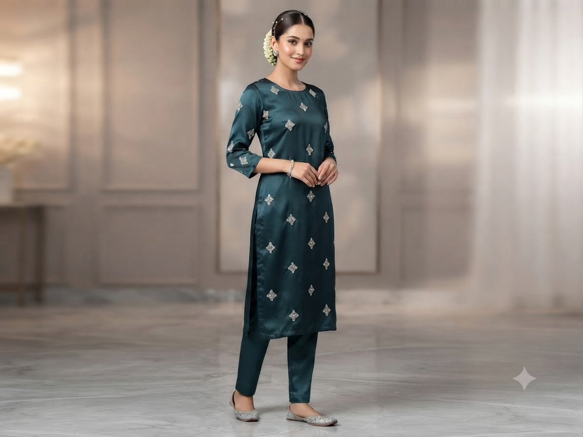 Golden Glitter Thread Embroidered Motifs on Dark Teal Malai Chanderi Silk Fabric - draped to show fall and sheen