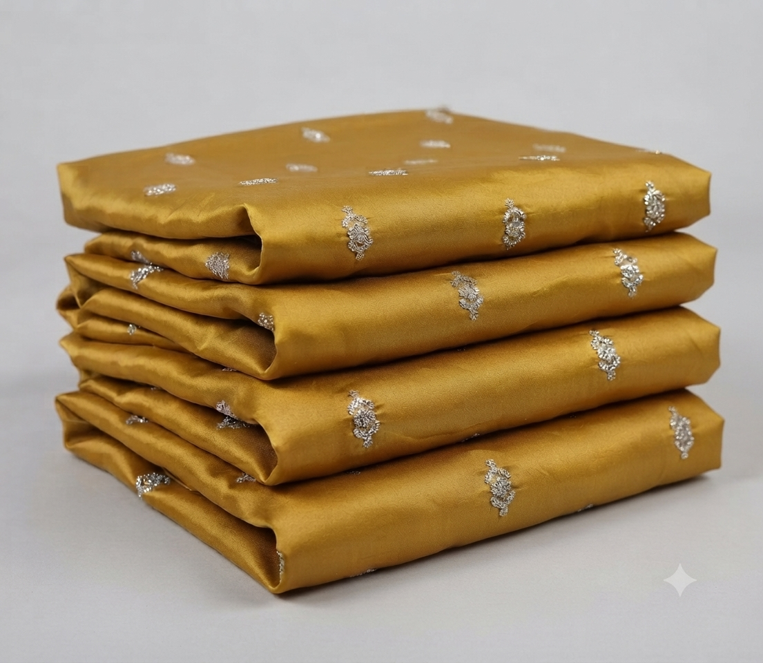 Golden Ochre Malai Chanderi Big-Width Fabric with Silver Dori Motifs - close-up of weave and texture