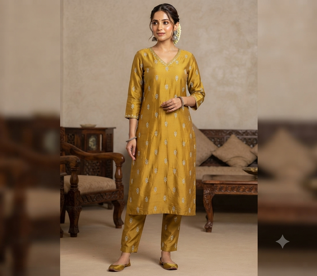 Golden Ochre Malai Chanderi Big-Width Fabric with Silver Dori Motifs - draped to show fall and sheen