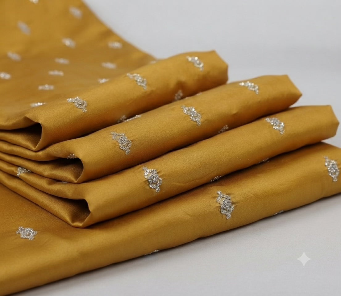 Golden Ochre Malai Chanderi Big-Width Fabric with Silver Dori Motifs