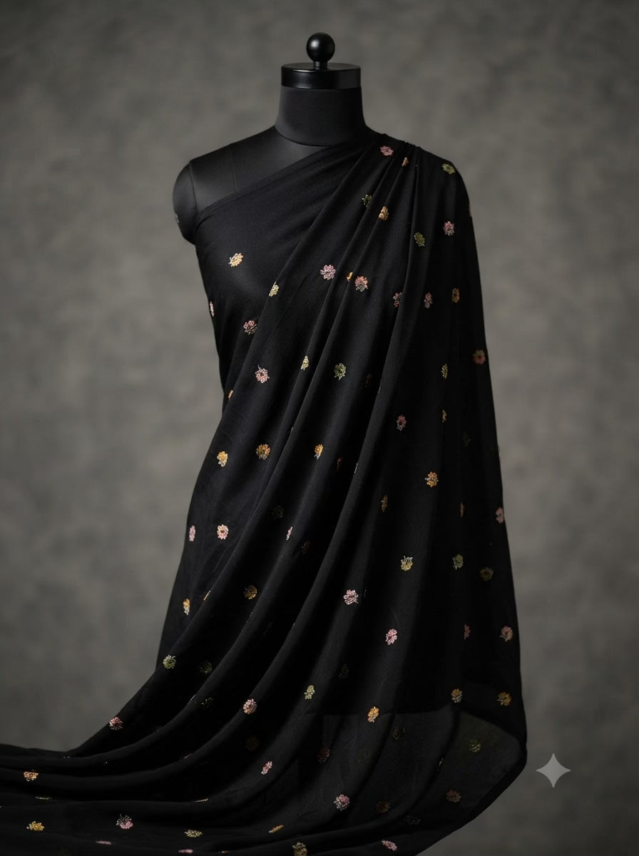 Black Star Georgette Fabric with Multicolour Glitter Embroidered Floral Motifs