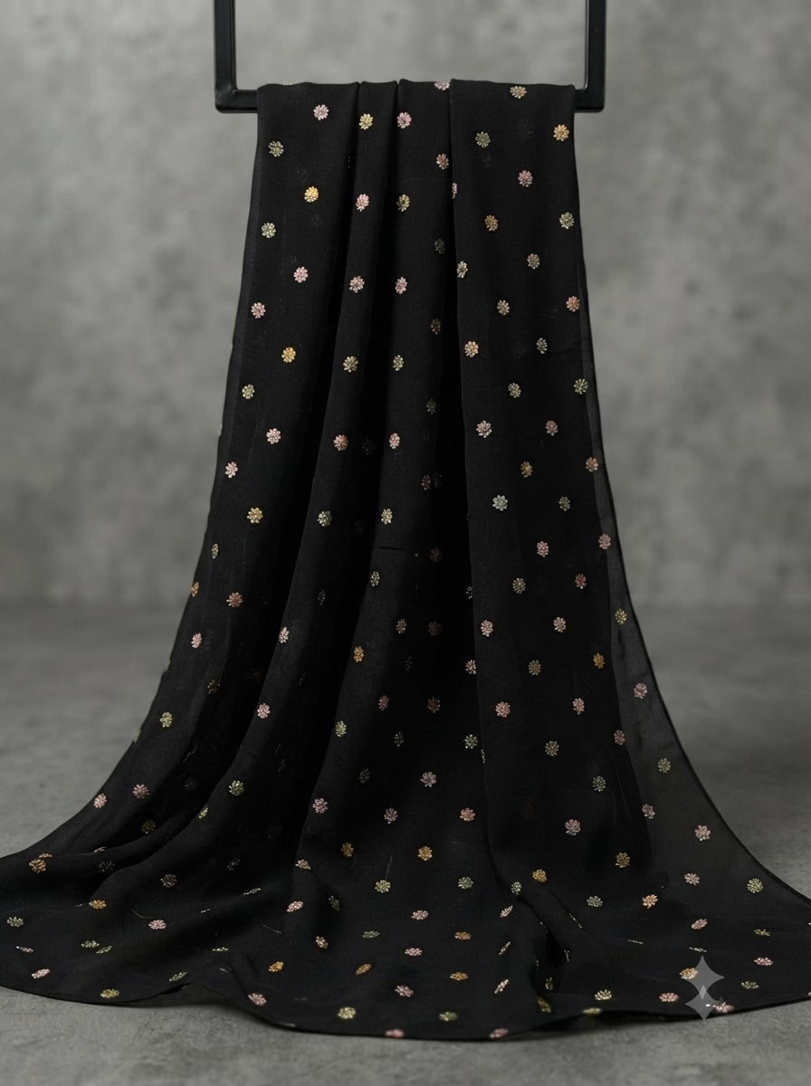 Black Star Georgette Fabric with Multicolour Glitter Embroidered Floral Motifs