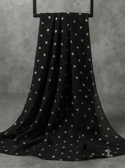 Black Star Georgette Fabric with Multicolour Glitter Embroidered Floral Motifs