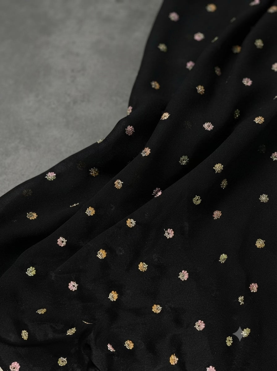 Black Star Georgette Fabric with Multicolour Glitter Embroidered Floral Motifs