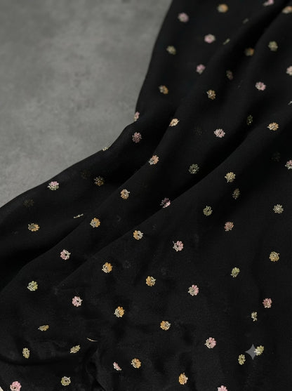 Black Star Georgette Fabric with Multicolour Glitter Embroidered Floral Motifs