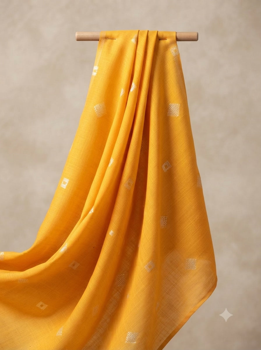 Golden Orange-Yellow Cotton Linen with Self-Weave White Motifs