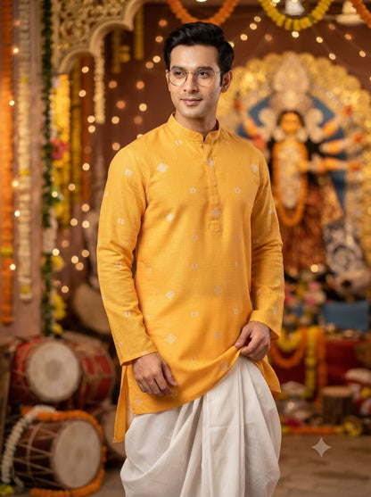 Golden Orange-Yellow Cotton Linen with Self-Weave White Motifs
