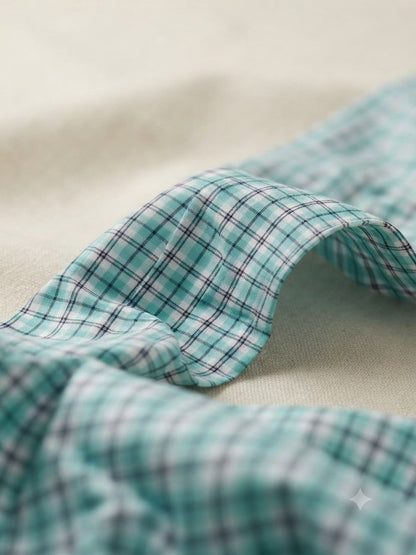 Aqua Blue & White Gingham Window-Pane Check Spun Poly Shirting Fabric