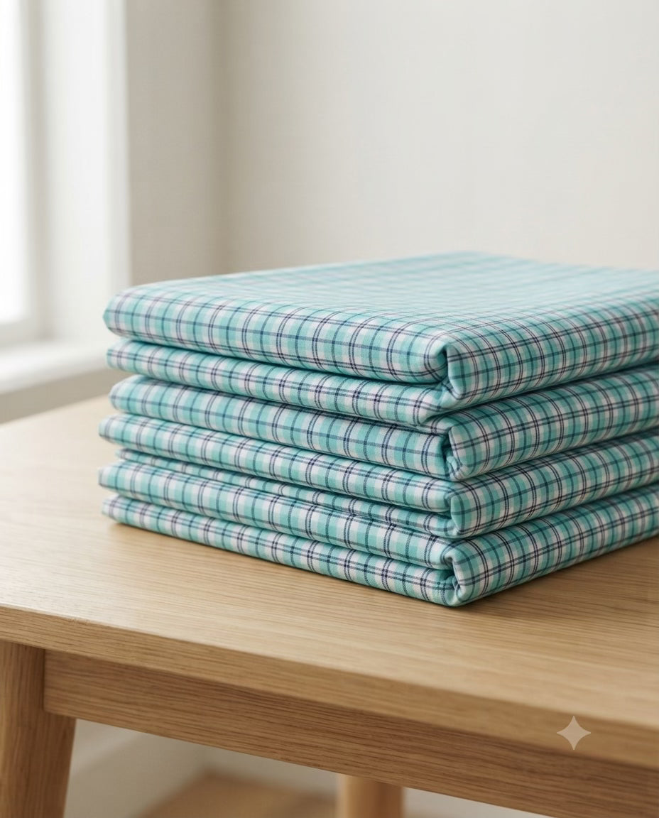 Aqua Blue & White Gingham Window-Pane Check Spun Poly Shirting Fabric