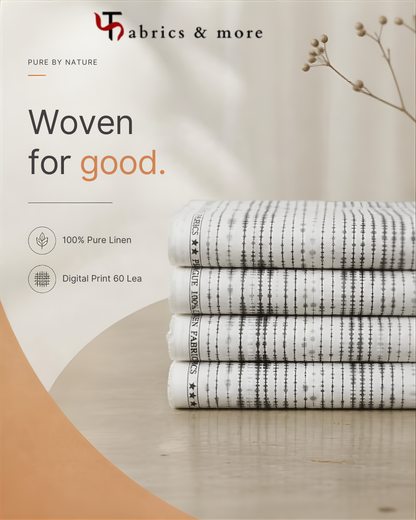100% Pure Linen Digital Print Fabric – Charcoal Shibori Stripe on Off-White | 60 Lea (No Cotton)