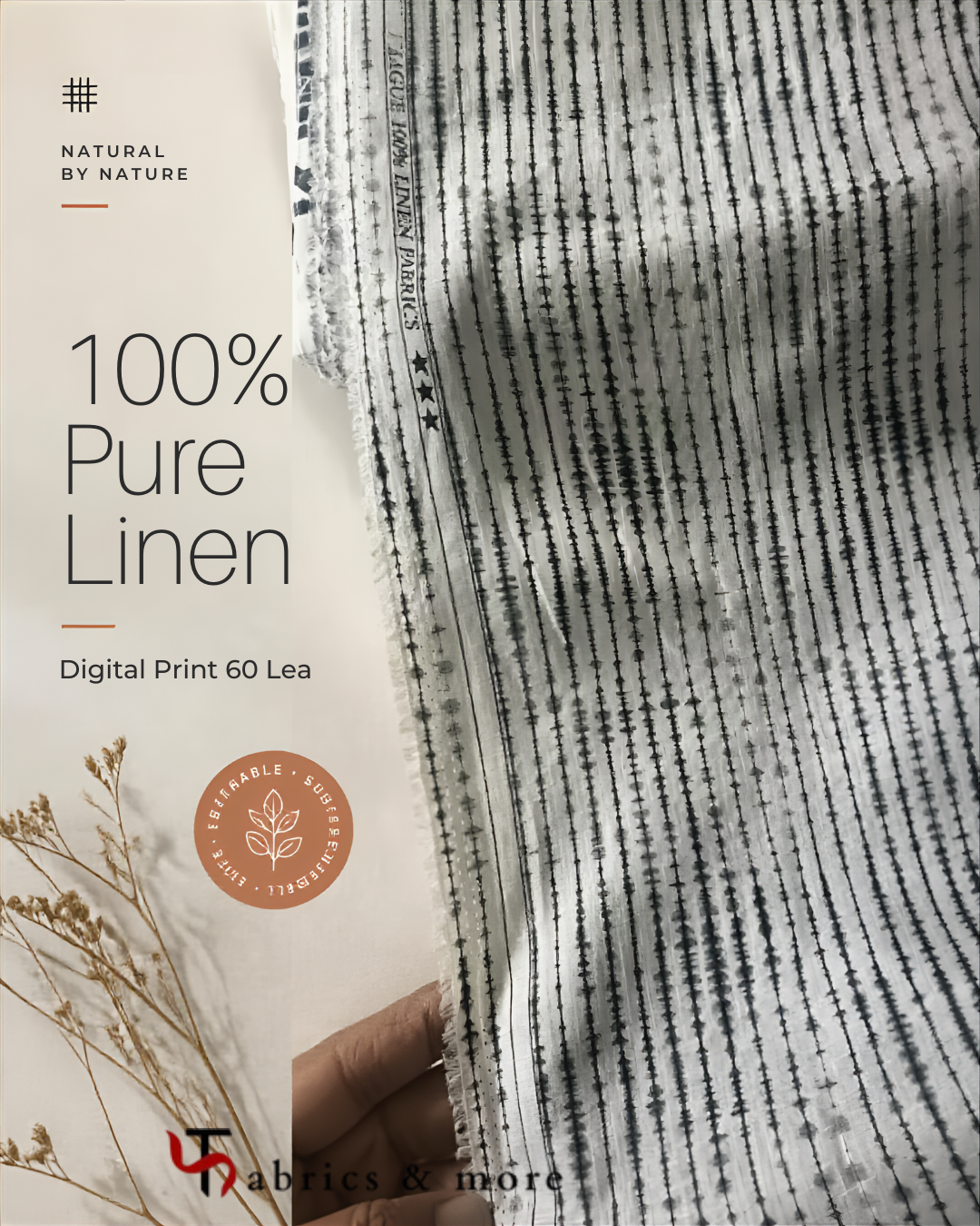 100% Pure Linen Digital Print Fabric – Charcoal Shibori Stripe on Off-White | 60 Lea (No Cotton)