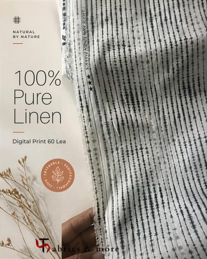 100% Pure Linen Digital Print Fabric – Charcoal Shibori Stripe on Off-White | 60 Lea (No Cotton)