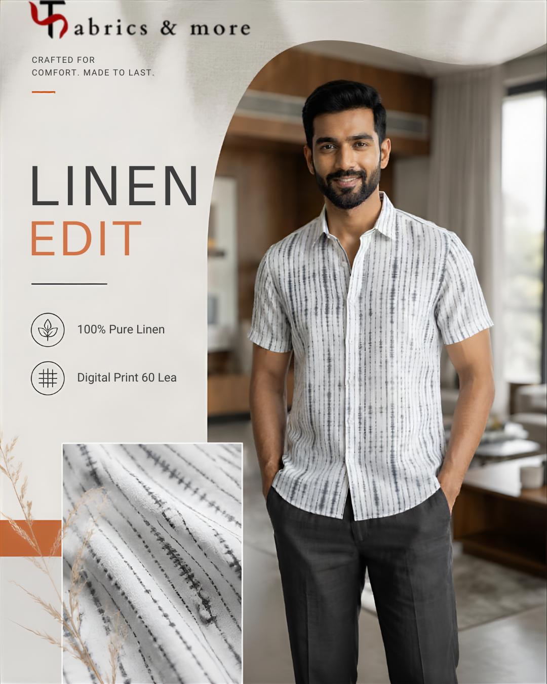 100% Pure Linen Digital Print Fabric – Charcoal Shibori Stripe on Off-White | 60 Lea (No Cotton)