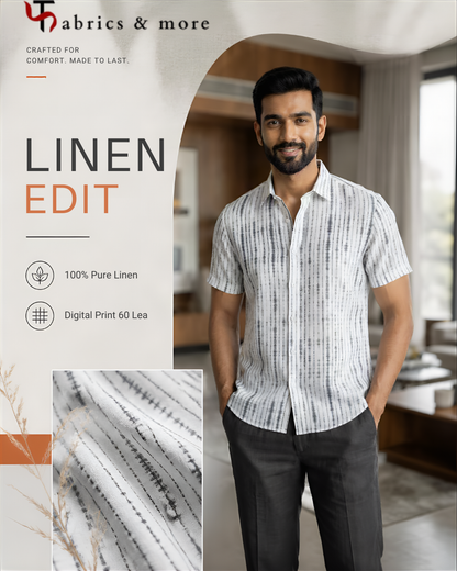 100% Pure Linen Digital Print Fabric – Charcoal Shibori Stripe on Off-White | 60 Lea (No Cotton)