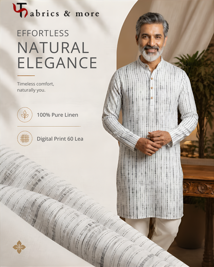 100% Pure Linen Digital Print Fabric – Charcoal Shibori Stripe on Off-White | 60 Lea (No Cotton)