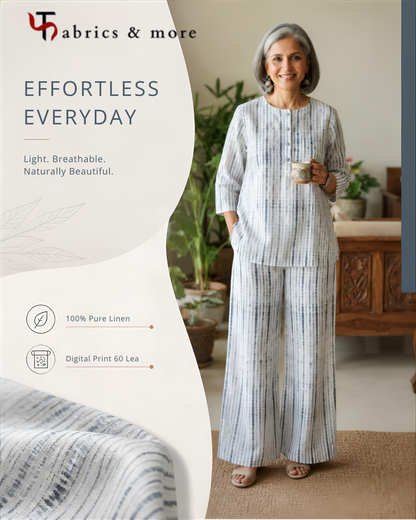 100% Pure Linen Digital Print Fabric – Charcoal Shibori Stripe on Off-White | 60 Lea (No Cotton)