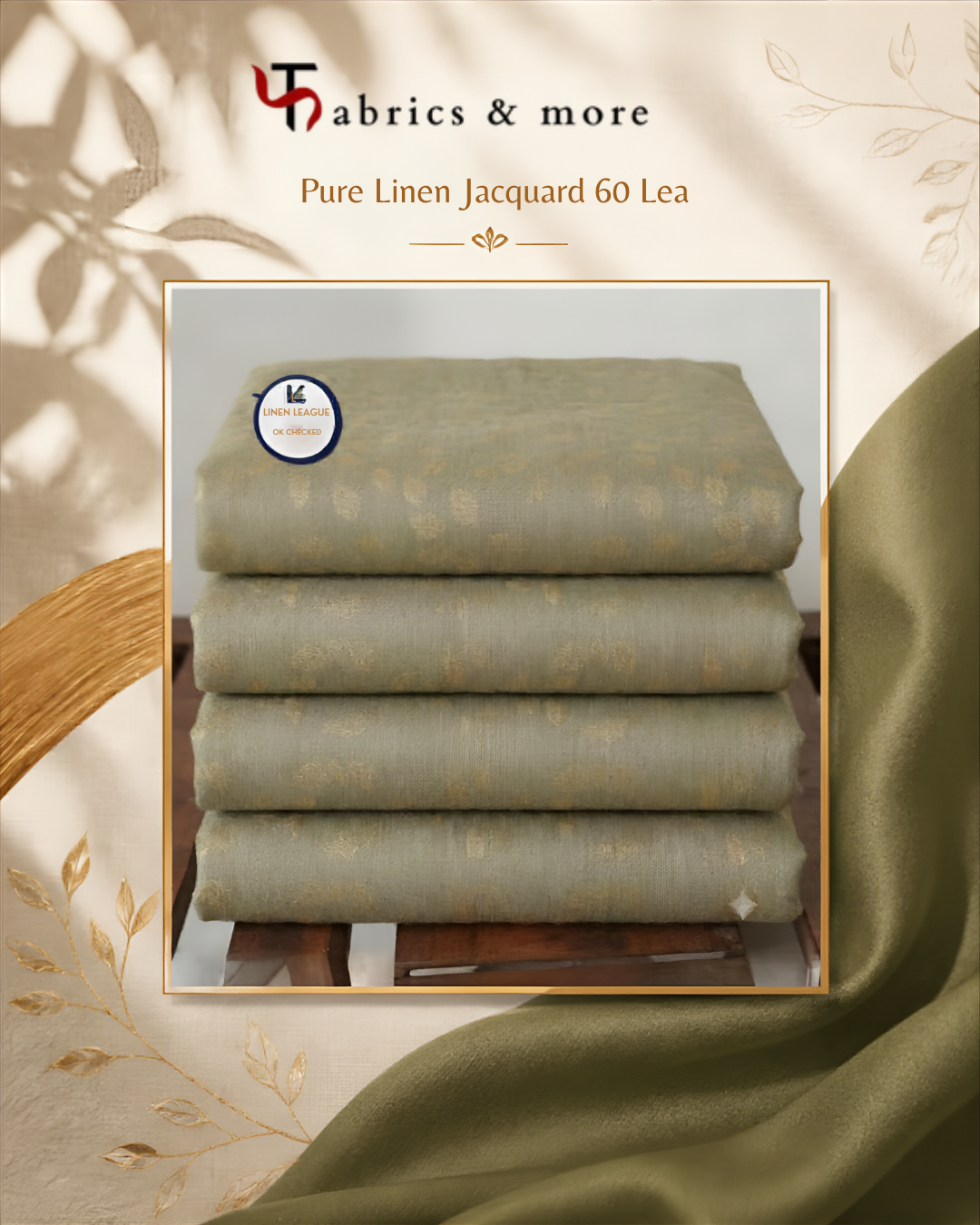 Olive Green with Gold Leaf Motif 100% Pure Linen Jacquard Fabric (No Cotton)