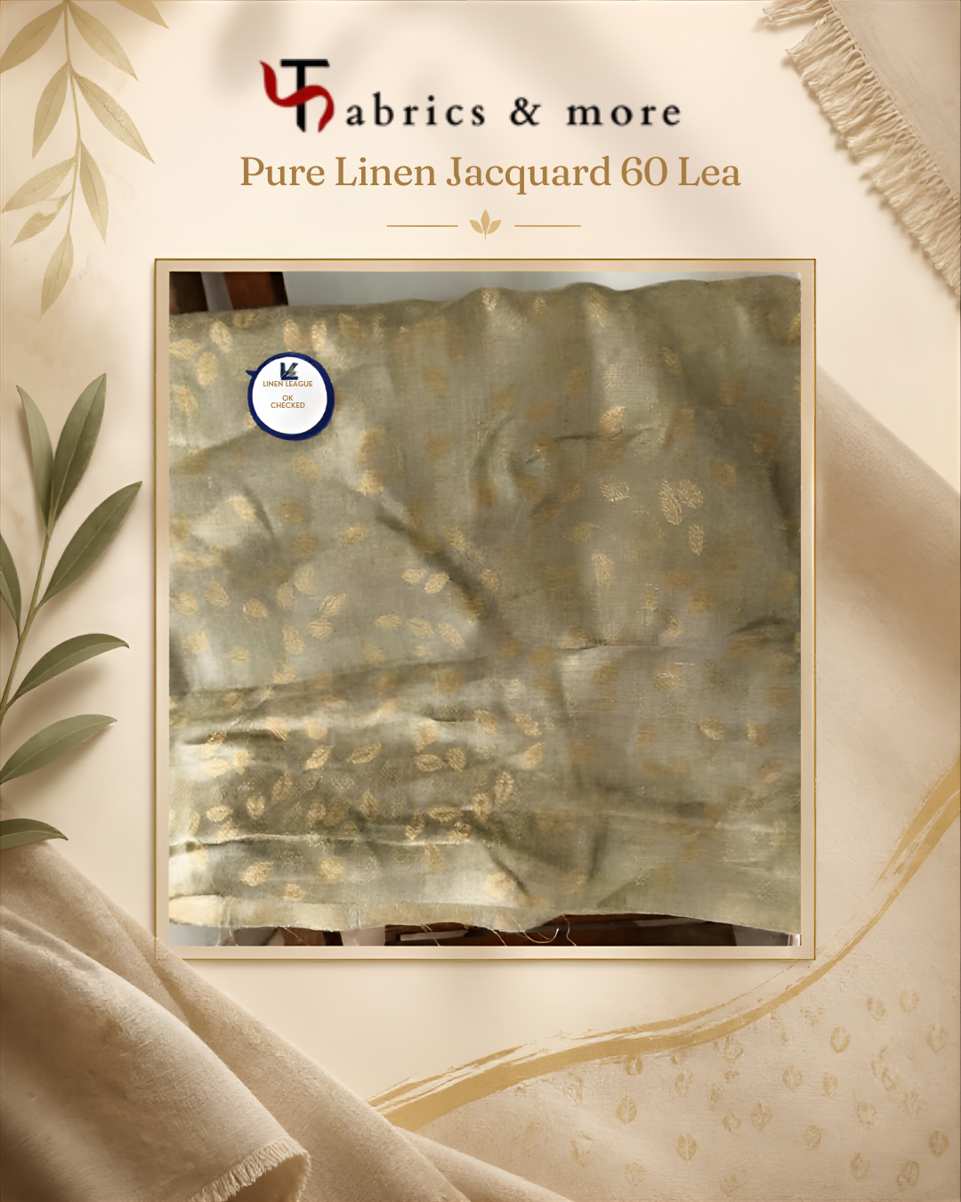 Olive Green with Gold Leaf Motif 100% Pure Linen Jacquard Fabric (No Cotton)