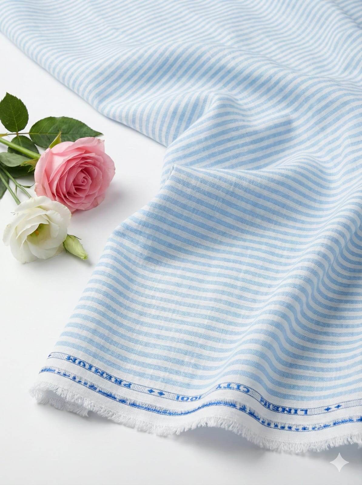 Sky Blue White Stripe Cotton Linen Fabric (60 lea)