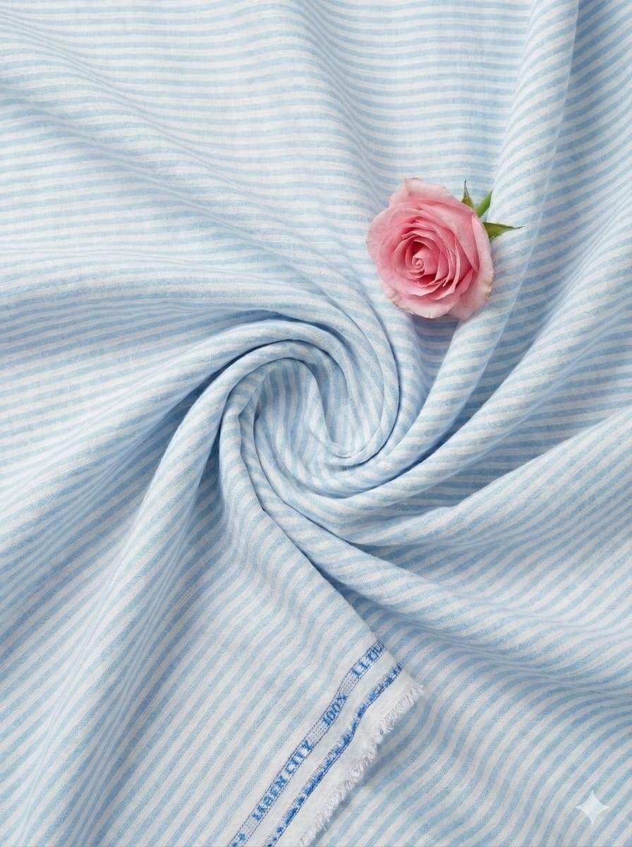 Sky Blue White Stripe Cotton Linen Fabric (60 lea)