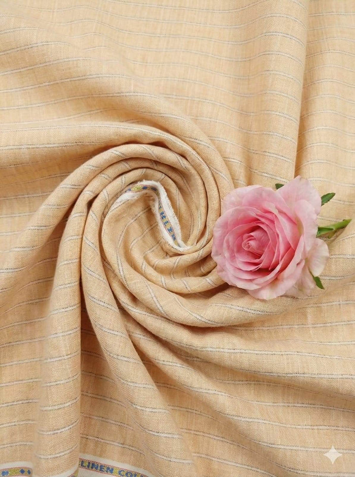 Peachish Orange Premium Cotton Linen Fabric with Grey White Grey Thin Lines