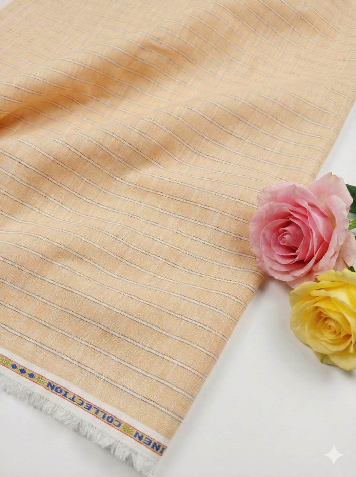 Peachish Orange Premium Cotton Linen Fabric with Grey White Grey Thin Lines