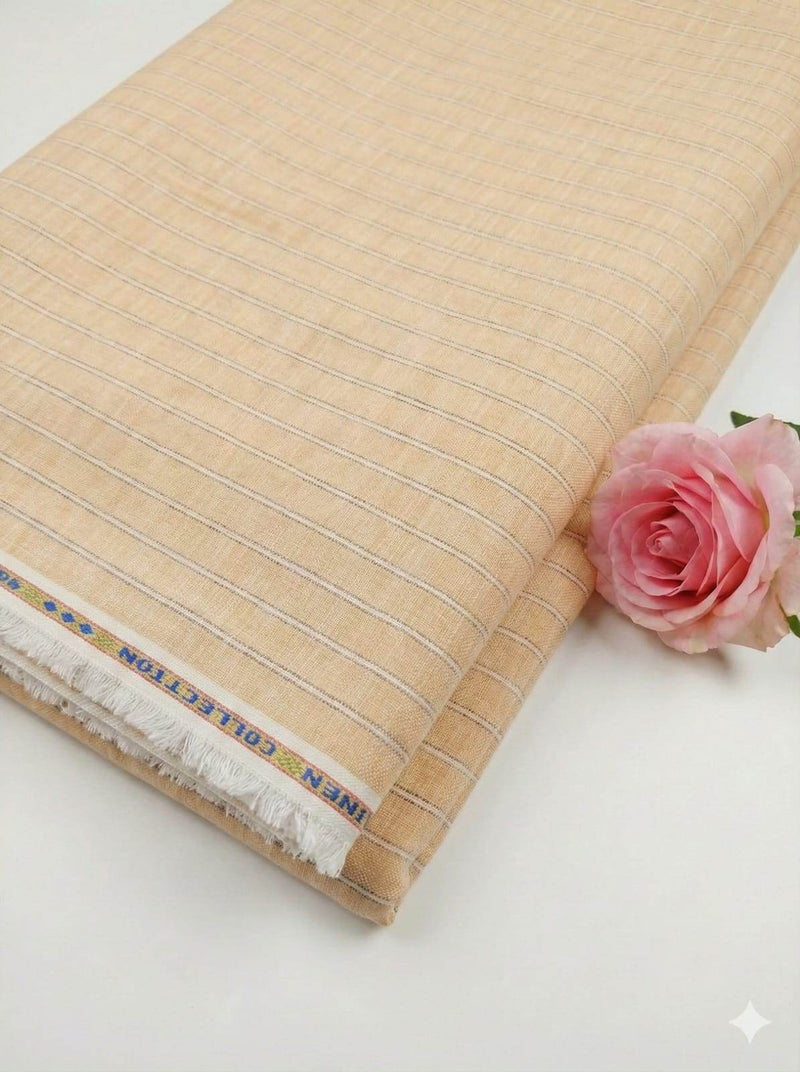 Peachish Orange Premium Cotton Linen Fabric with Grey White Grey Thin Lines