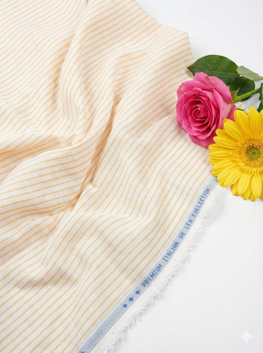 White Premium Cotton Linen with Peachish orange Stripes