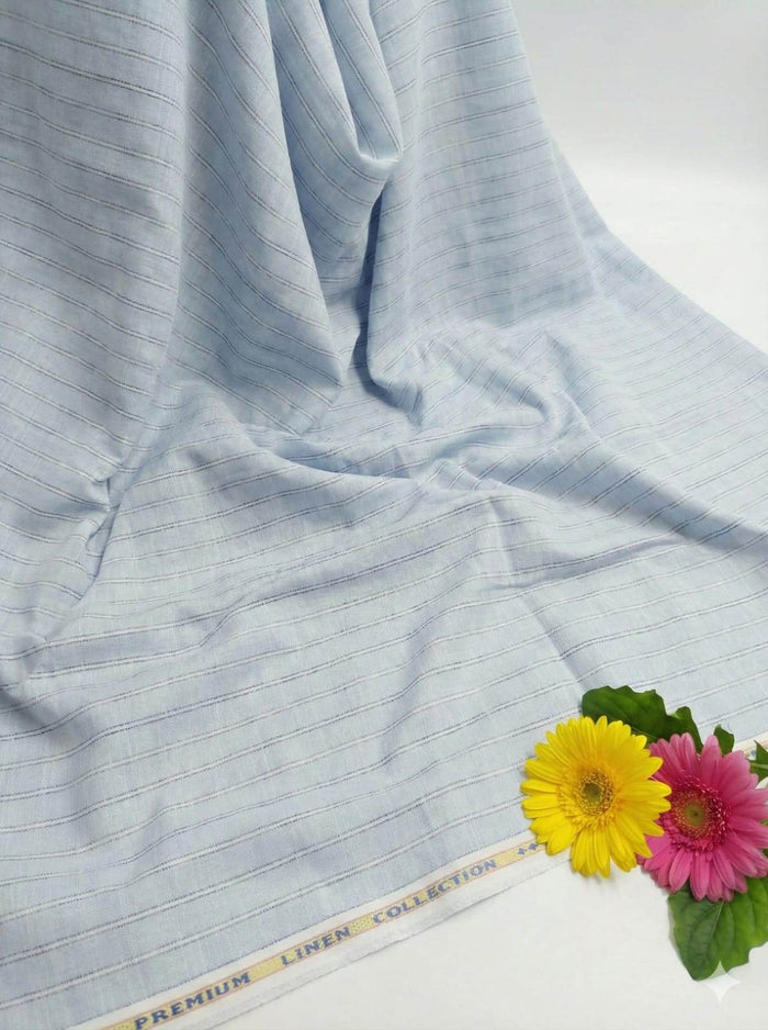Sky Blue Premium Cotton Linen Fabric with Grey white grey thin Lines