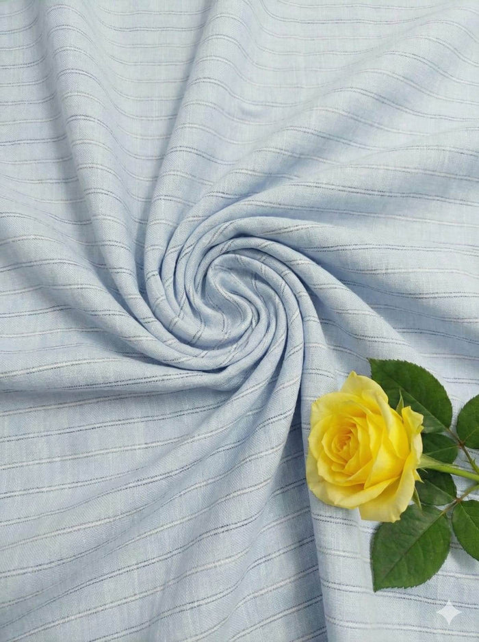Sky Blue Premium Cotton Linen Fabric with Grey white grey thin Lines