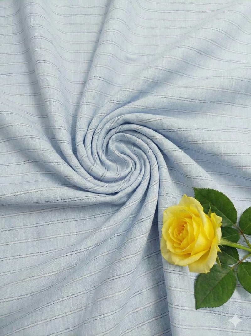 Sky Blue Premium Cotton Linen Fabric with Grey white grey thin Lines