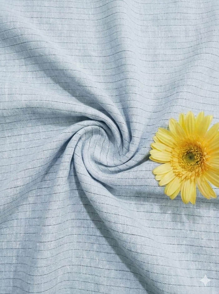 Sky Blue Cotton Linen fabric With Black Horizontal Lines