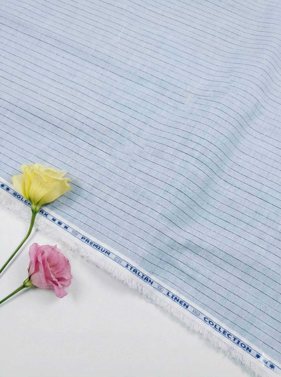 Sky Blue Cotton Linen fabric With Black Horizontal Lines