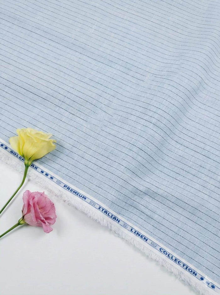Sky Blue Cotton Linen fabric With Black Horizontal Lines