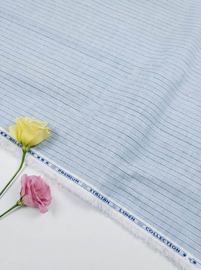 Sky Blue Cotton Linen fabric With Black Horizontal Lines