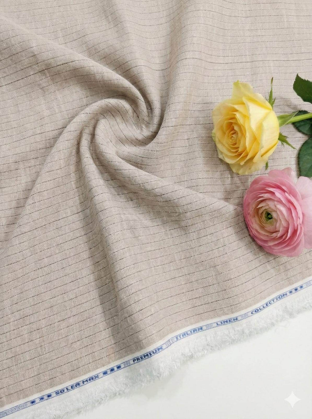 Dusty Peach Cotton Linen Fabric with Wine colored Horizontal Lines