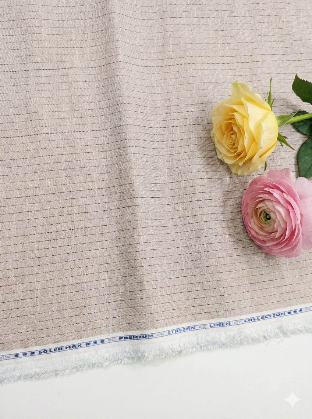 Dusty Peach Cotton Linen Fabric with Wine colored Horizontal Lines