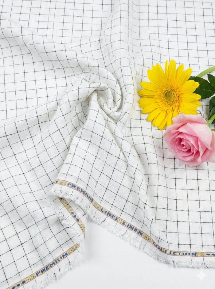 Off white Cotton Linen  Fabric with Black checks