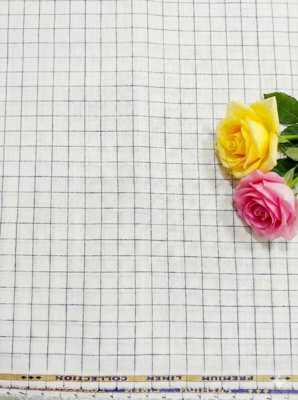 Off white Cotton Linen Fabric with Blue checks